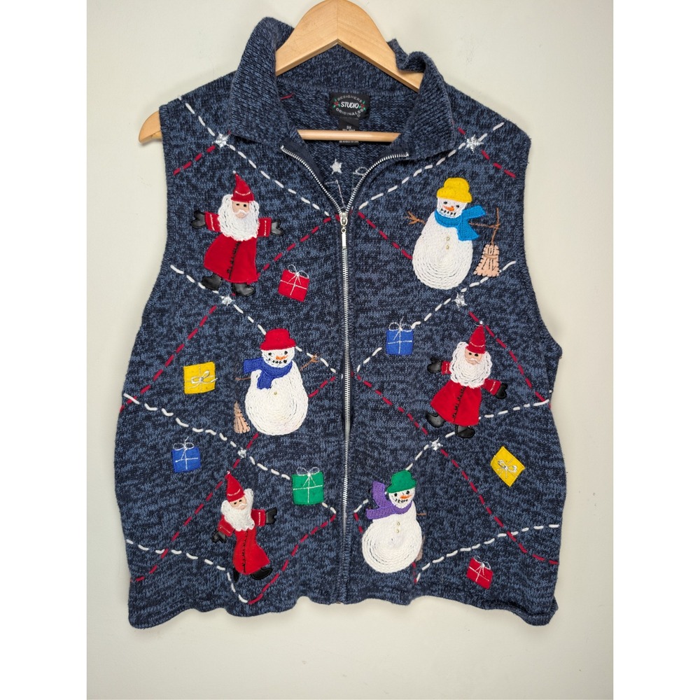 Designers Studio Originals Christmas Vest‎ Womens 3X Blue Zip Santa Snowman Knit